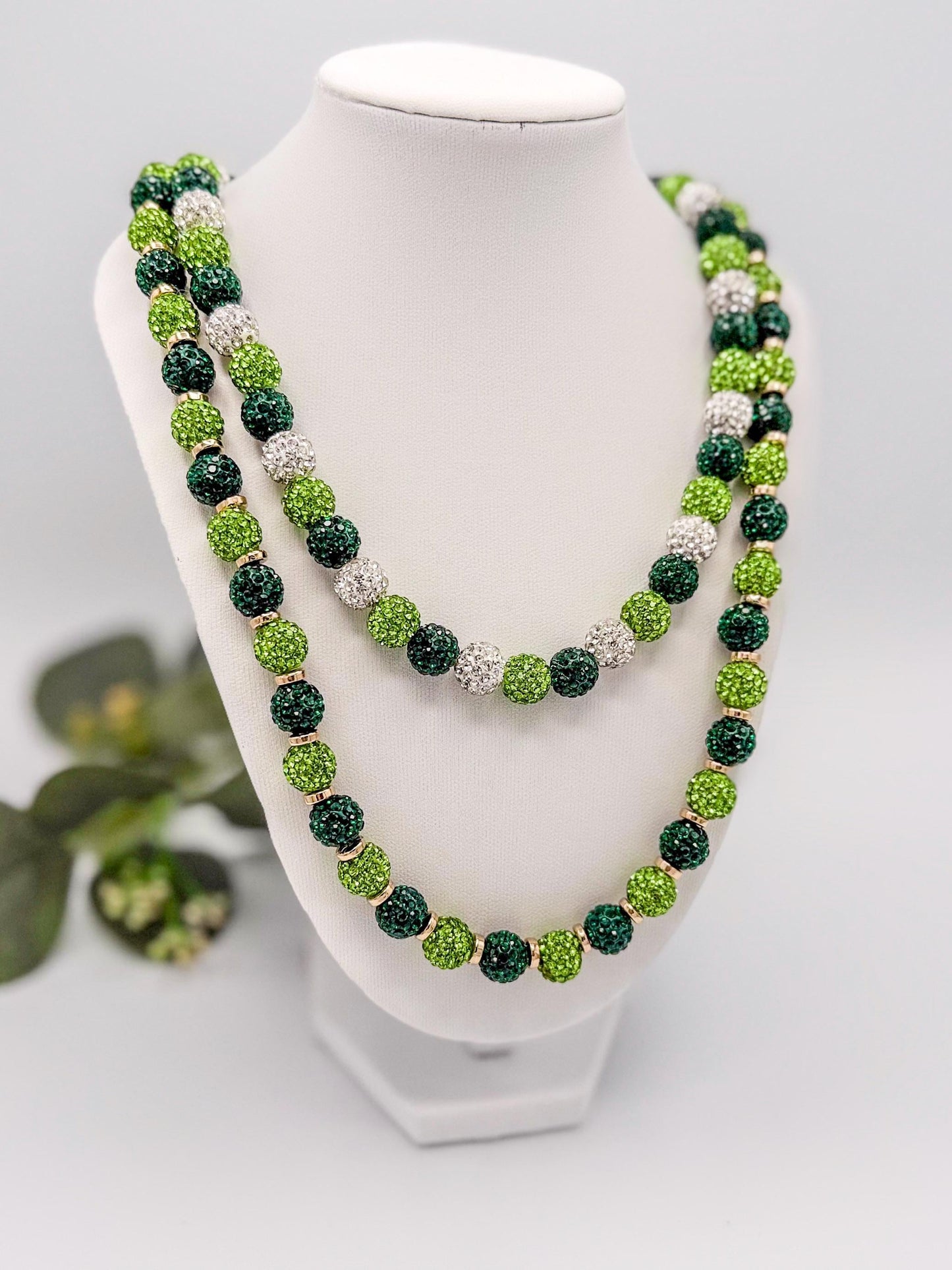Stretchy no Clasp Design! Dazzling Green & Gold Rhinestone Shamballa Necklaces - Various Styles and Sizes