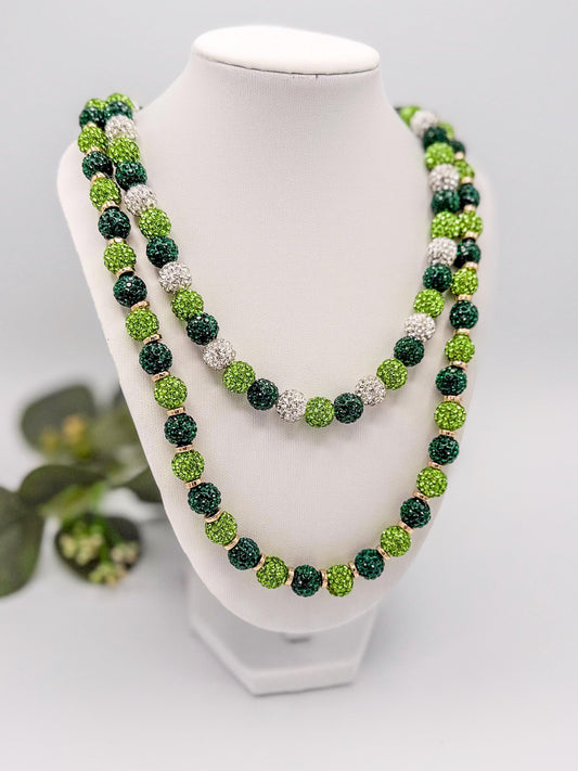 Stretchy no Clasp Design! Dazzling Green & Gold Rhinestone Shamballa Necklaces - Various Styles and Sizes