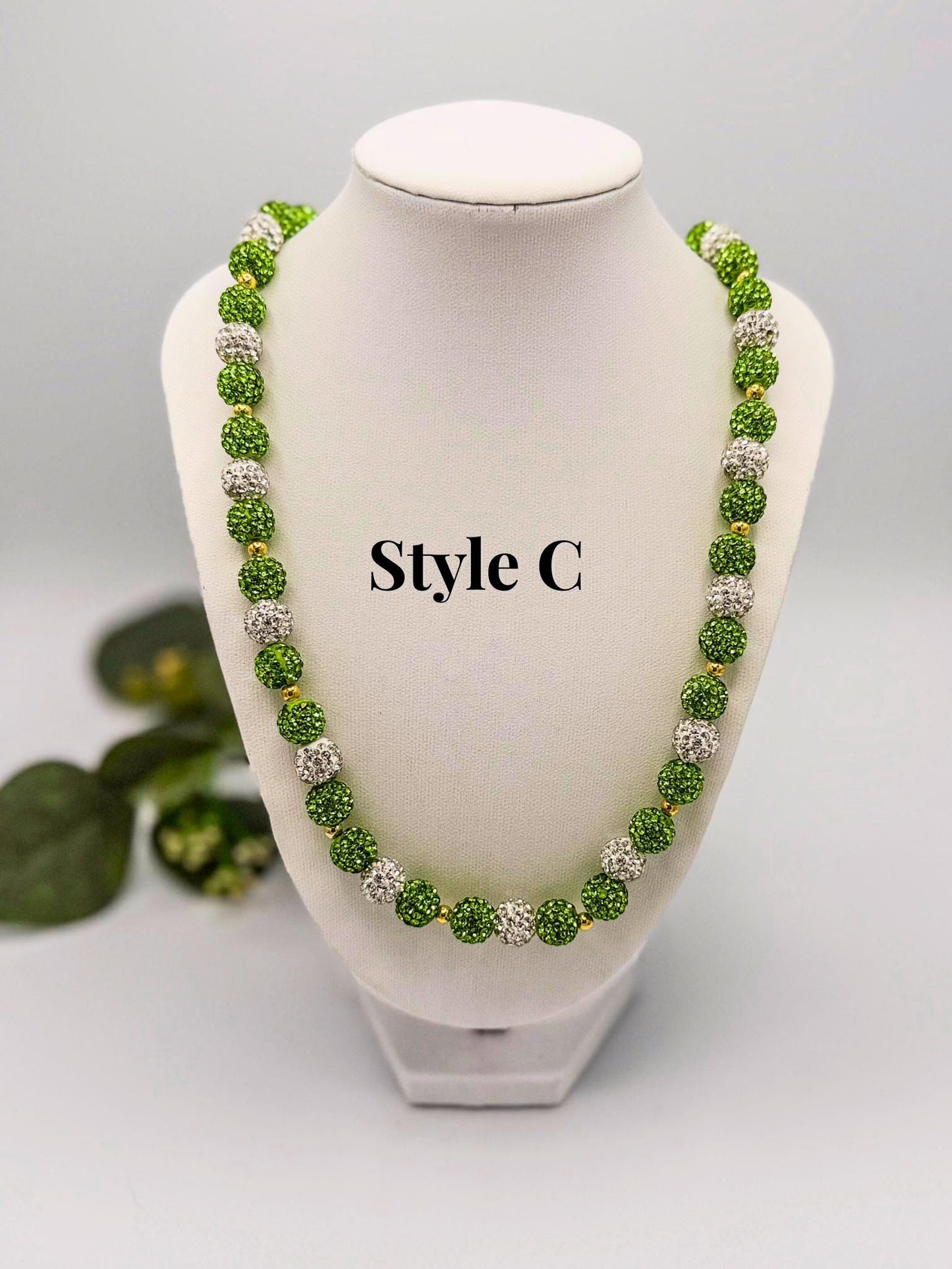 Stretchy no Clasp Design! Dazzling Green & Gold Rhinestone Shamballa Necklaces - Various Styles and Sizes