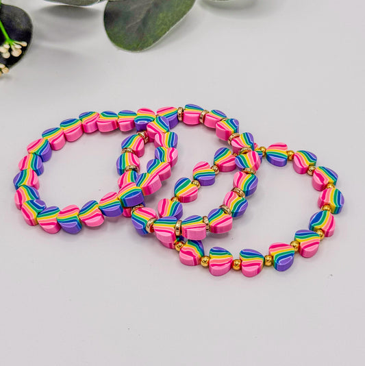 Rainbow Stripe Heart Beaded Bracelets - Share the Love! - Stretchy, No Clasp Design