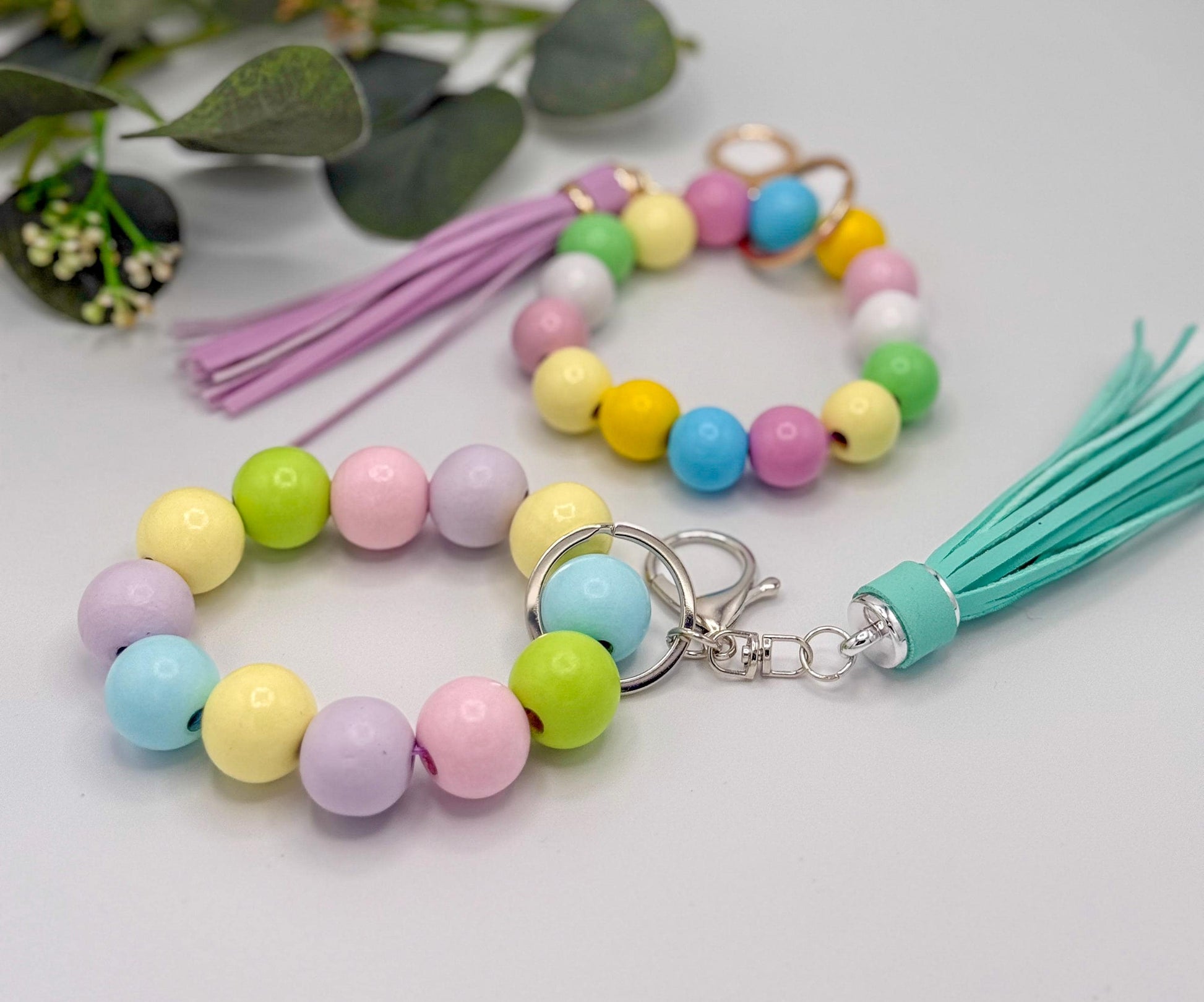 Stretchy Keychain Wristlets - Wood Beads - Spring Easter Pastel - Leather Tassel - Bag Charms - Lobster Clasp & Key Ring