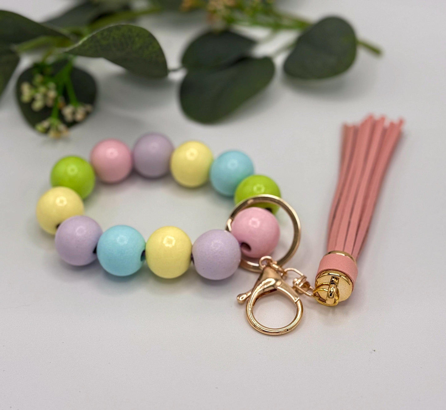 Pastel Charm Stretchy Wooden Bead Keychain with Tassel Flair