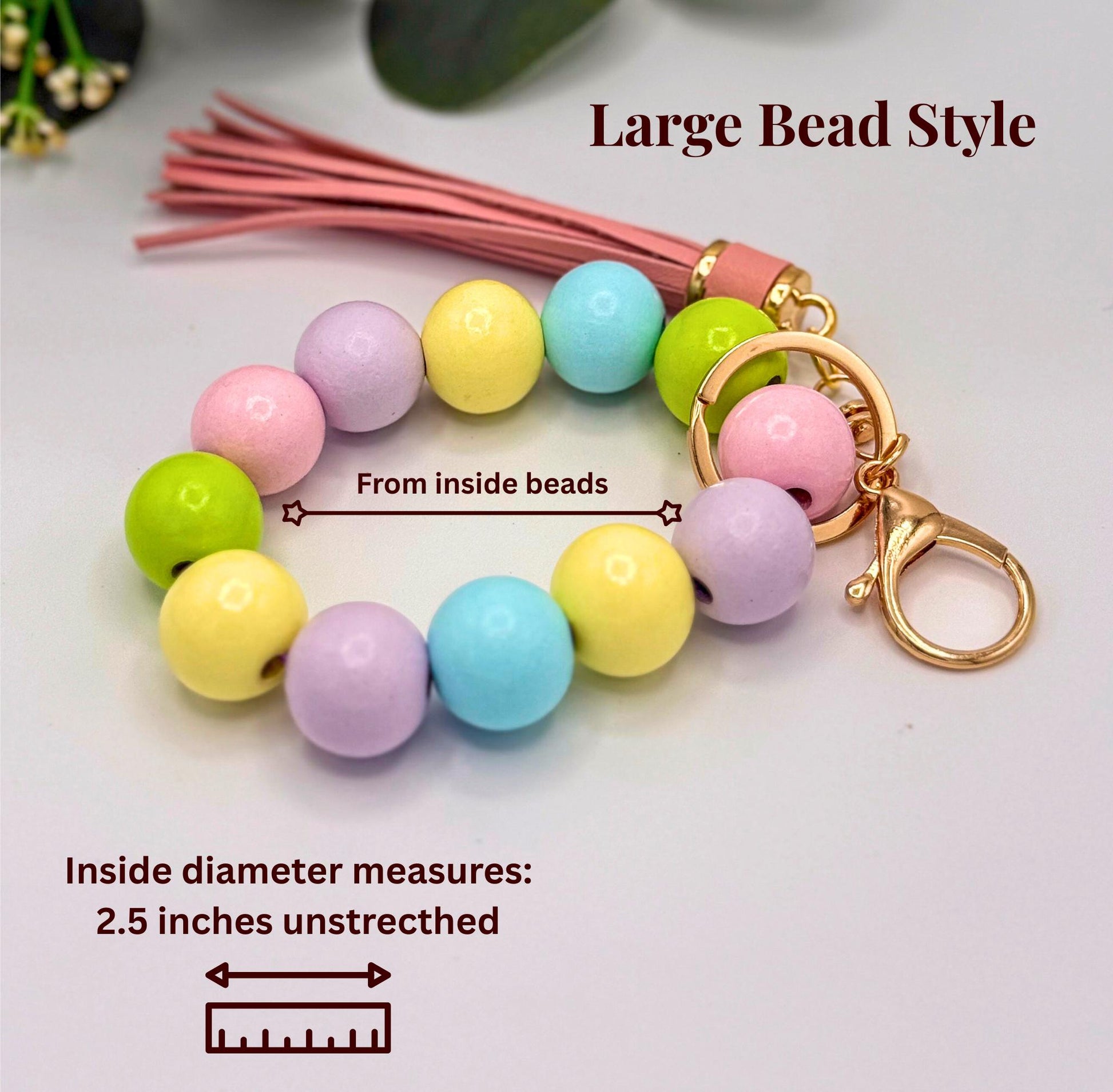 Pastel Charm Stretchy Wooden Bead Keychain with Tassel Flair