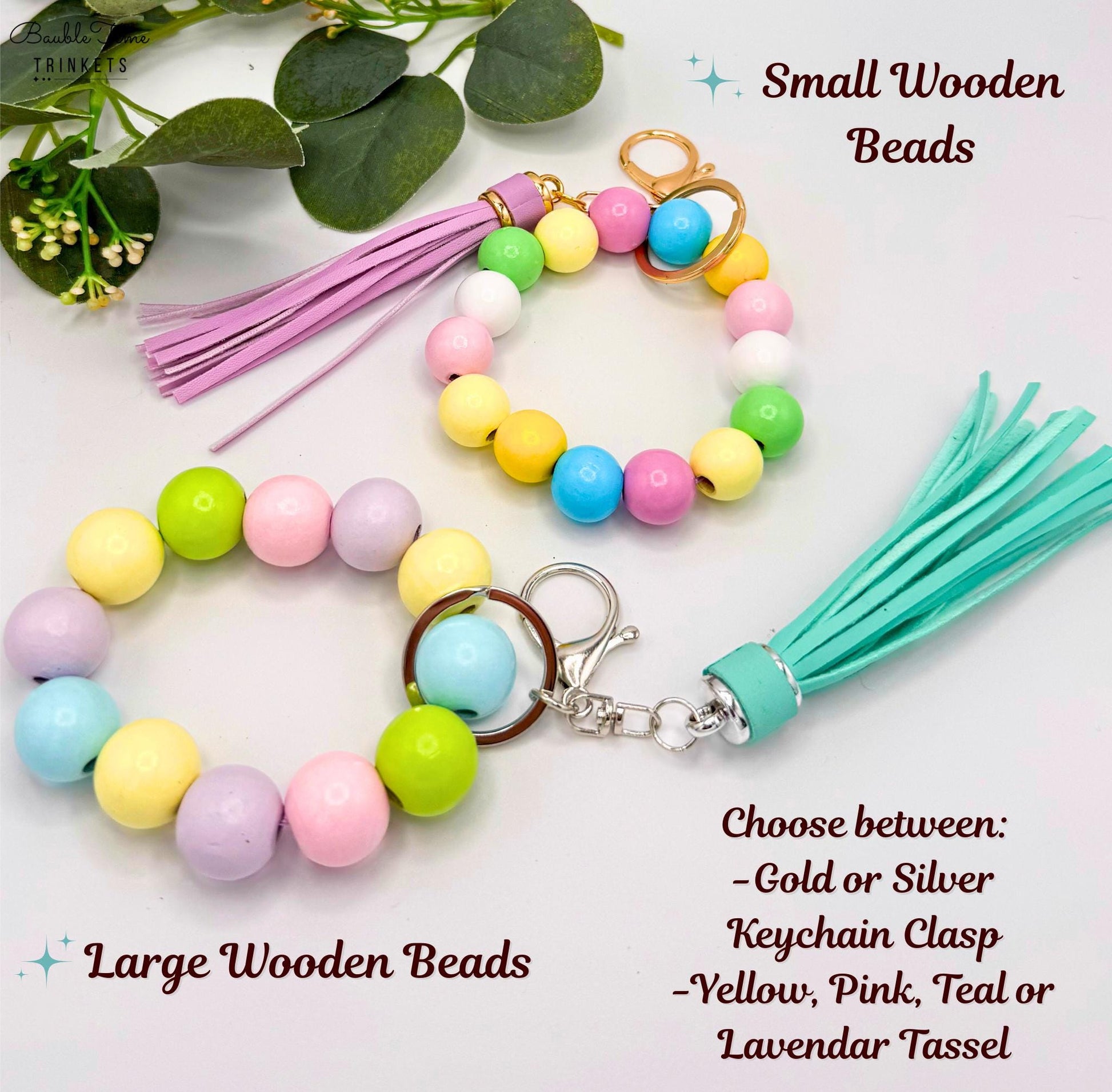 Pastel Charm Stretchy Wooden Bead Keychain with Tassel Flair