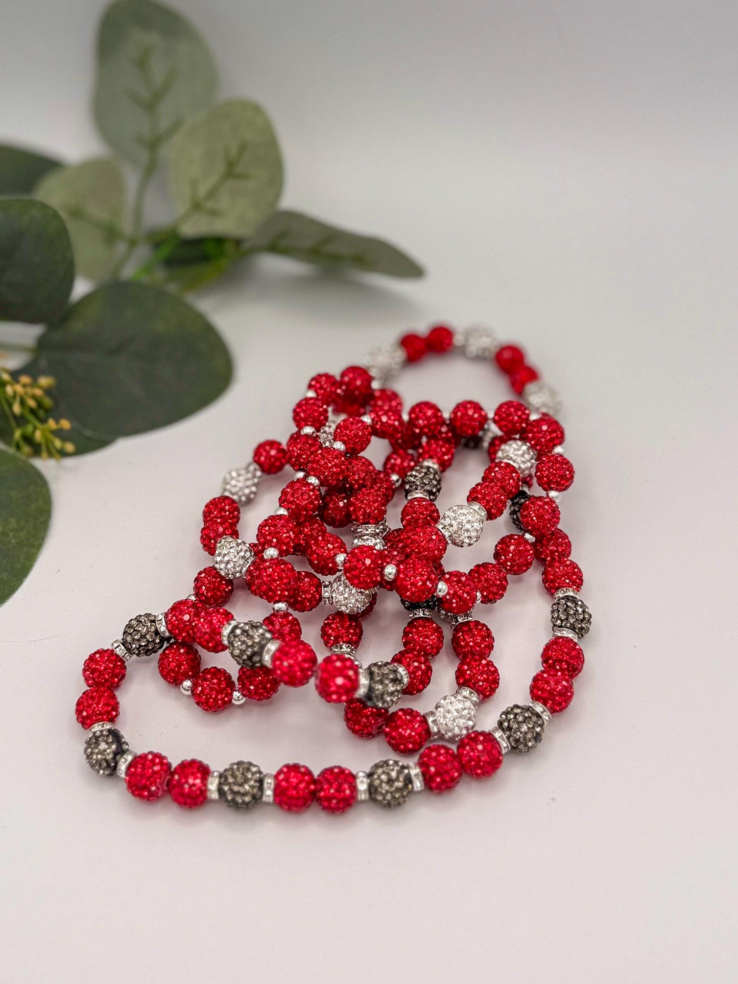 Stretchy no Clasp Design! Dazzling Shamballa Beaded Necklaces: Sparkly Red & Silver