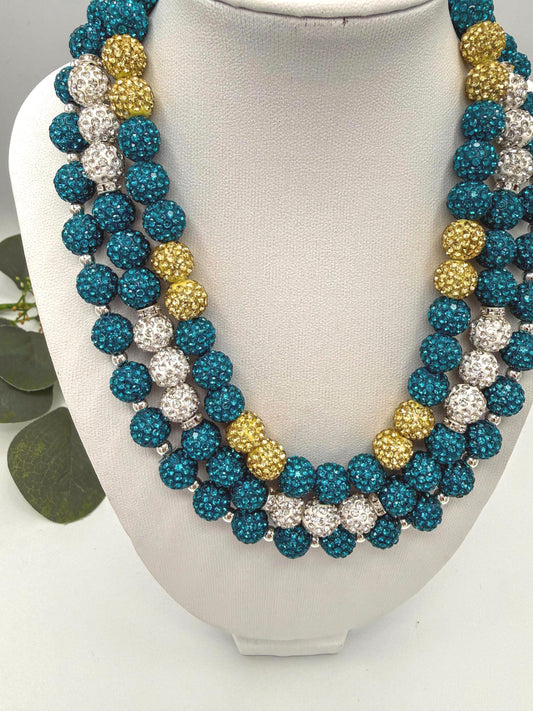 Stretchy no Clasp Design! Sparkly Rhinestone Shamballa Necklace in Teal/Silver/Gold