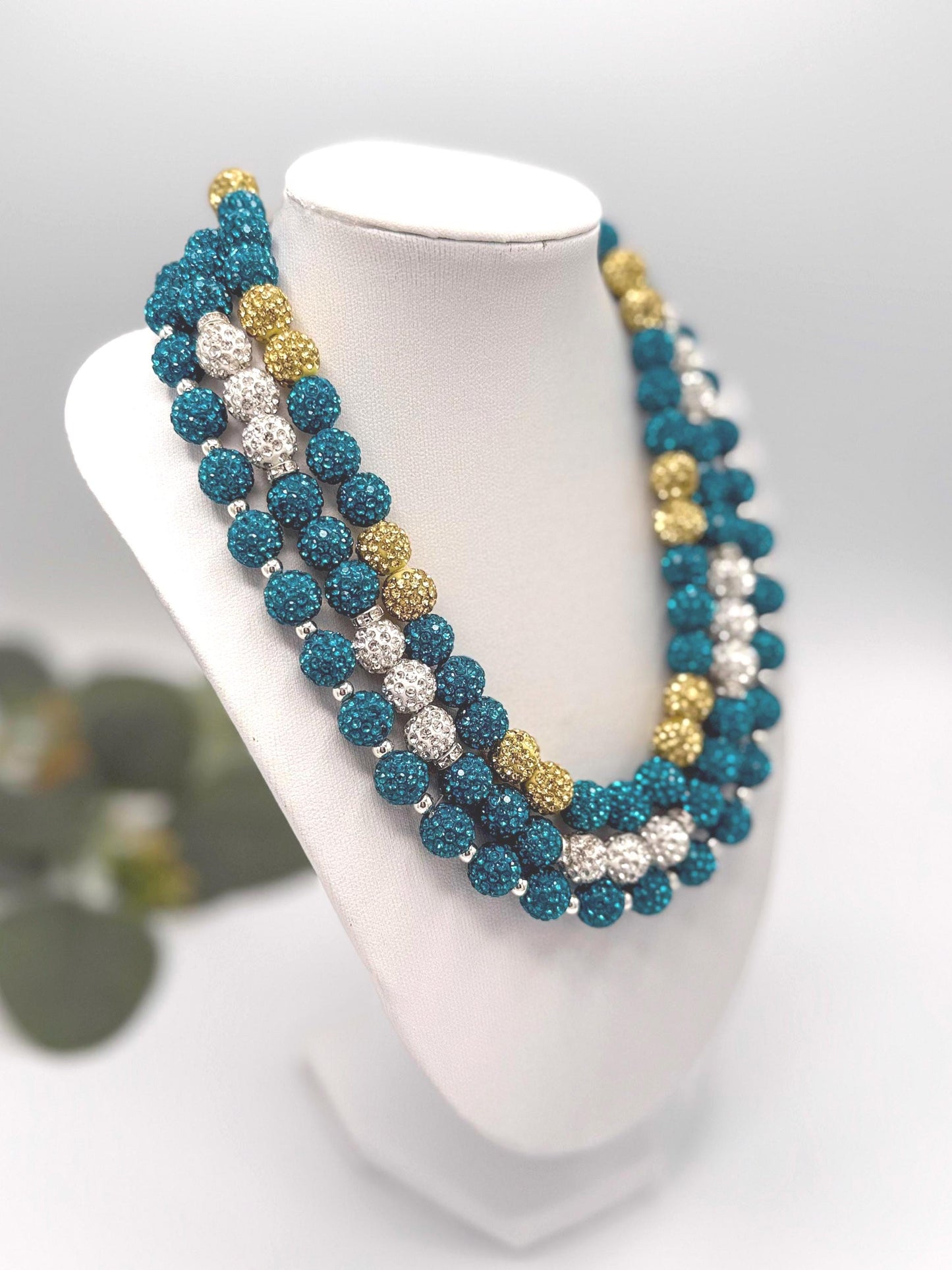 Rhinestone Shamballa Necklace- Teal/Silver/Gold