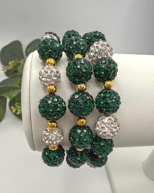 Dark Green & Gold Shamballa Beaded Bracelets- Rhinestone Handmade Jewelry - Stretchy, No Clasp Design