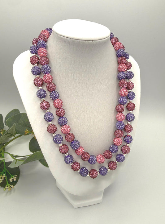 Stretchy no Clasp Design! Purple Champagne Rose Rhinestone Beaded Necklaces: Silver & Gold Accents