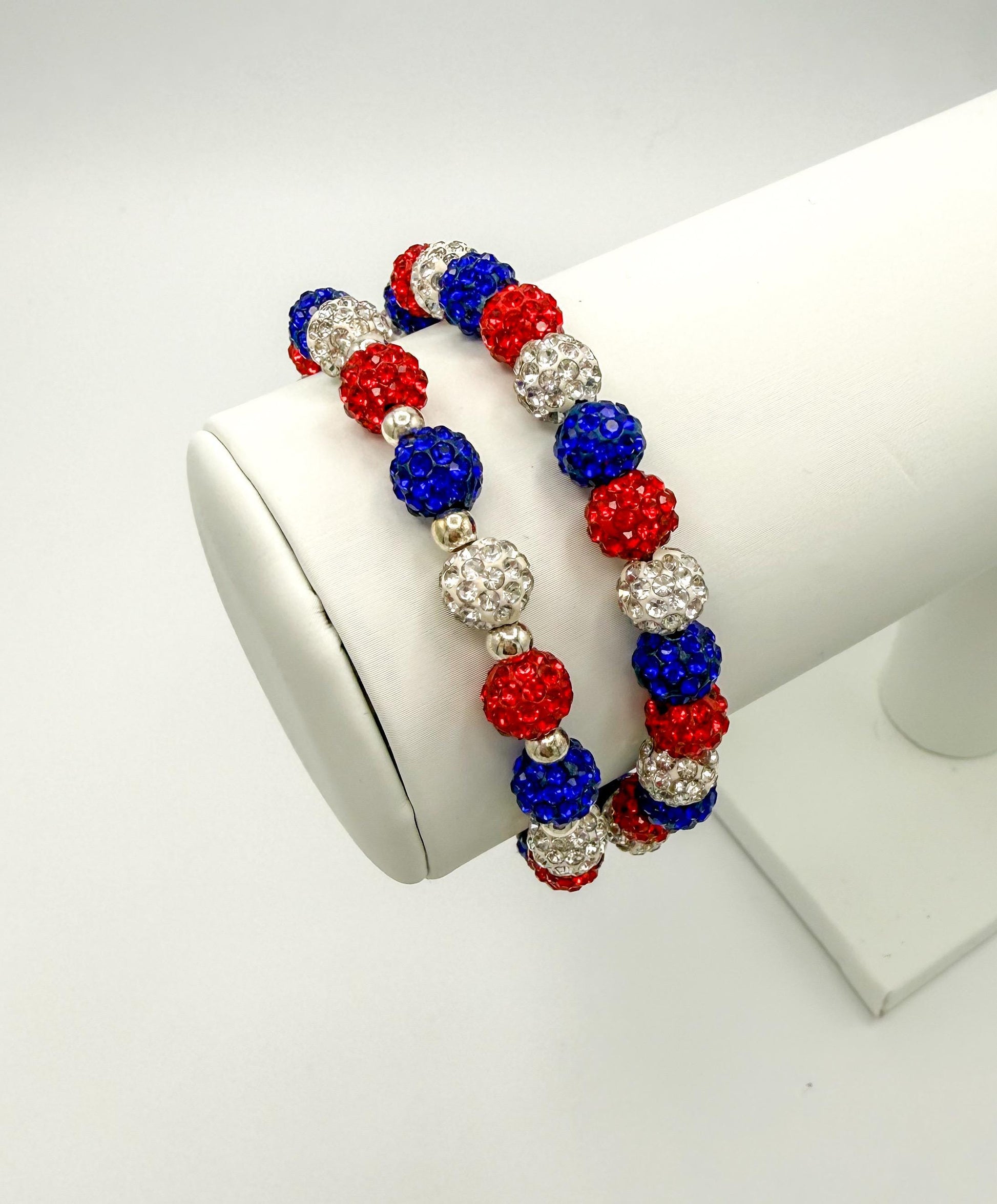 Red White Blue Sparkle Shamballa Bracelet, Patriotic 4th of July Bling Jewelry, USA Pride Crystal Bead Stack, Summer Holiday Party Fashion