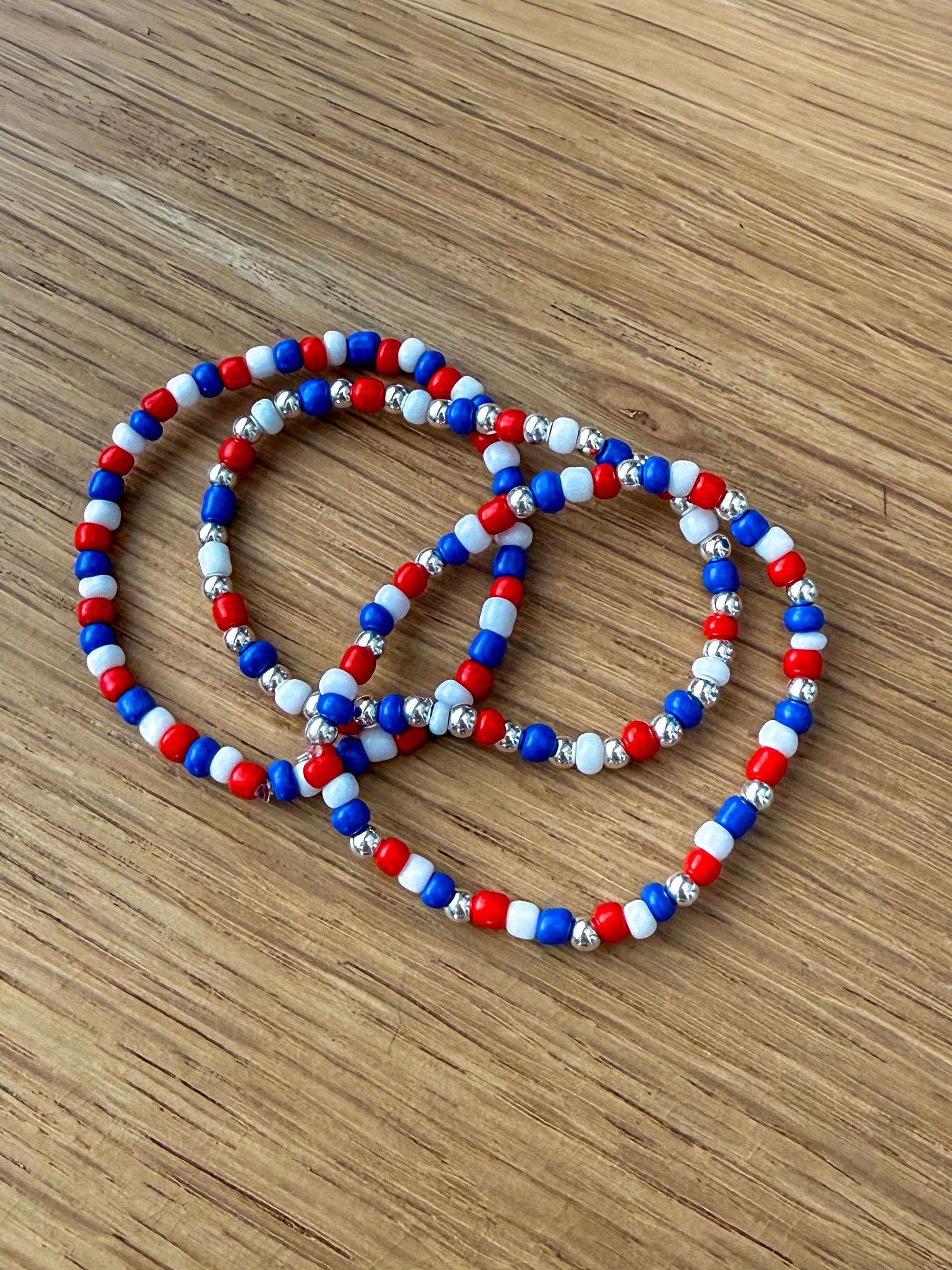 Handmade 4mm Glass Seed Beaded Bracelet: Silver Accents - Fourth of July - Fireworks Celebeation - Stretchy, No Clasp Design
