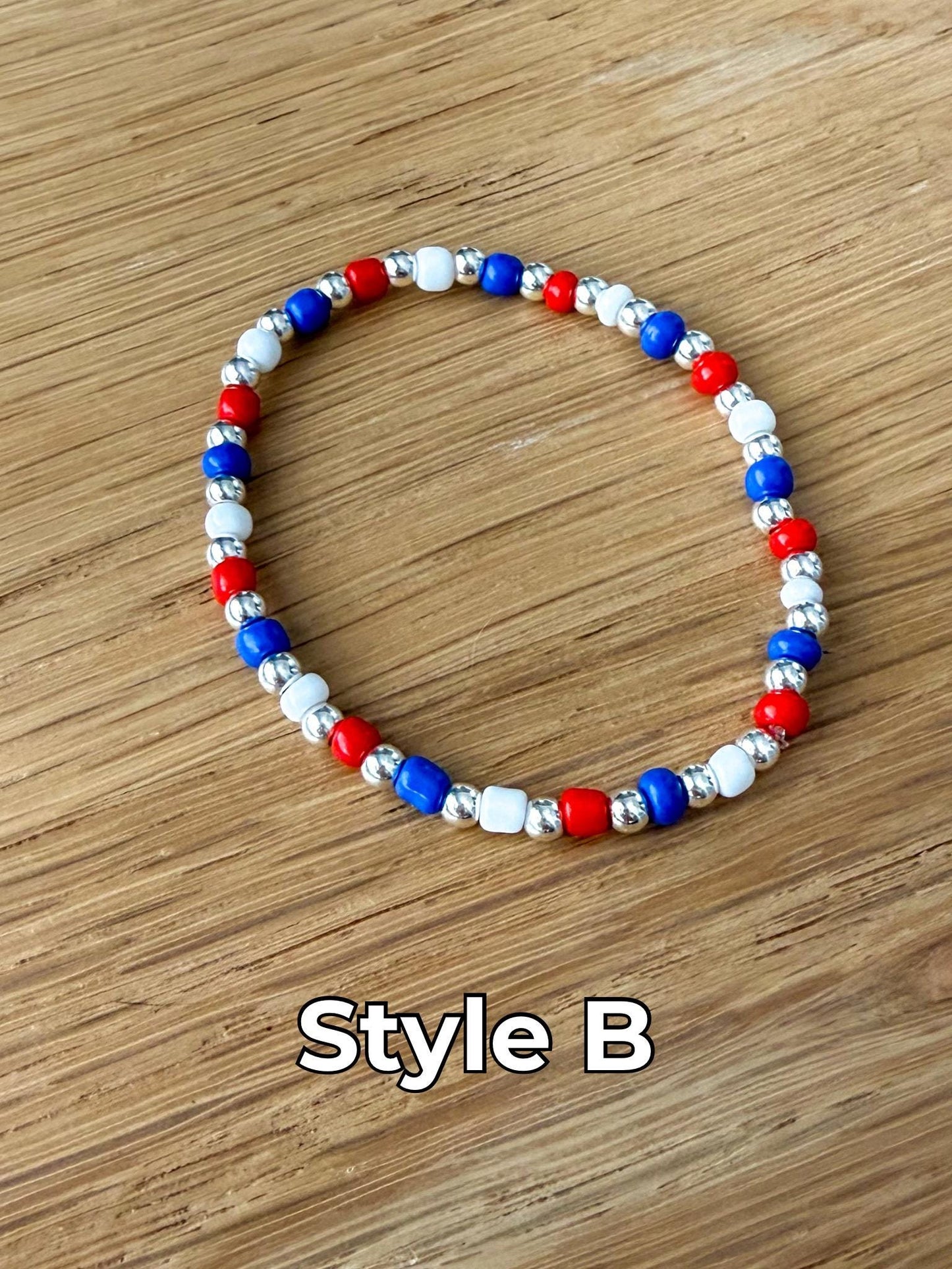 Handmade 4mm Glass Seed Beaded Bracelet: Silver Accents - Fourth of July - Fireworks Celebeation - Stretchy, No Clasp Design