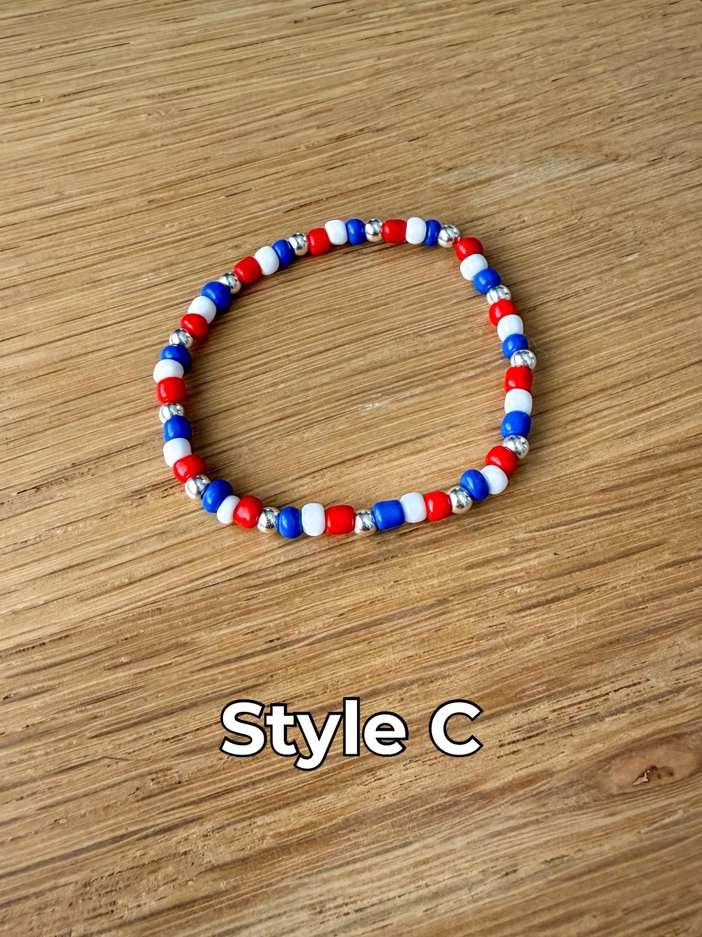 Handmade 4mm Glass Seed Beaded Bracelet: Silver Accents - Fourth of July - Fireworks Celebeation - Stretchy, No Clasp Design