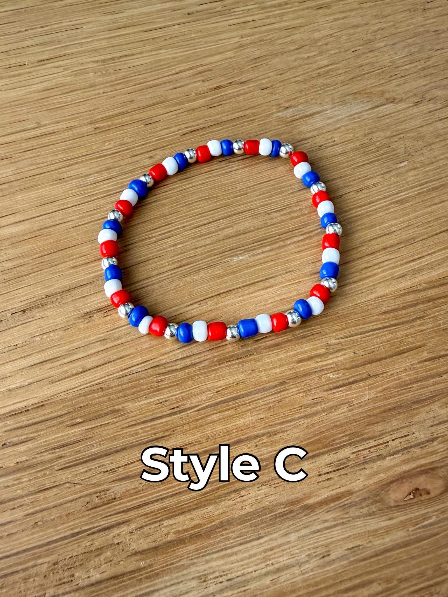 Handmade 4mm Glass Seed Beaded Bracelet: Silver Accents - Fourth of July - Fireworks Celebeation - Stretchy, No Clasp Design
