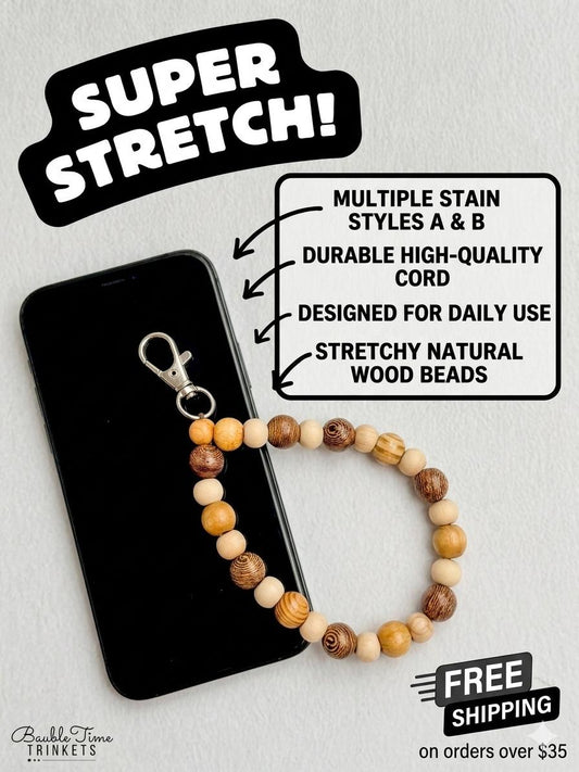 Boho Wood Bead Phone Wristlet, Natural Pastel Wooden Keychain Charm, Stretchy Wrist Strap for Keys, Teacher Lanyard, Water Bottle Band