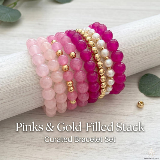 Pink Glass Beaded Bracelet with 14k Gold Filled Spacers - Tarnish Resistant Stacking Jewelry - Elastic Gold Bead Stretch Bracelet for Her