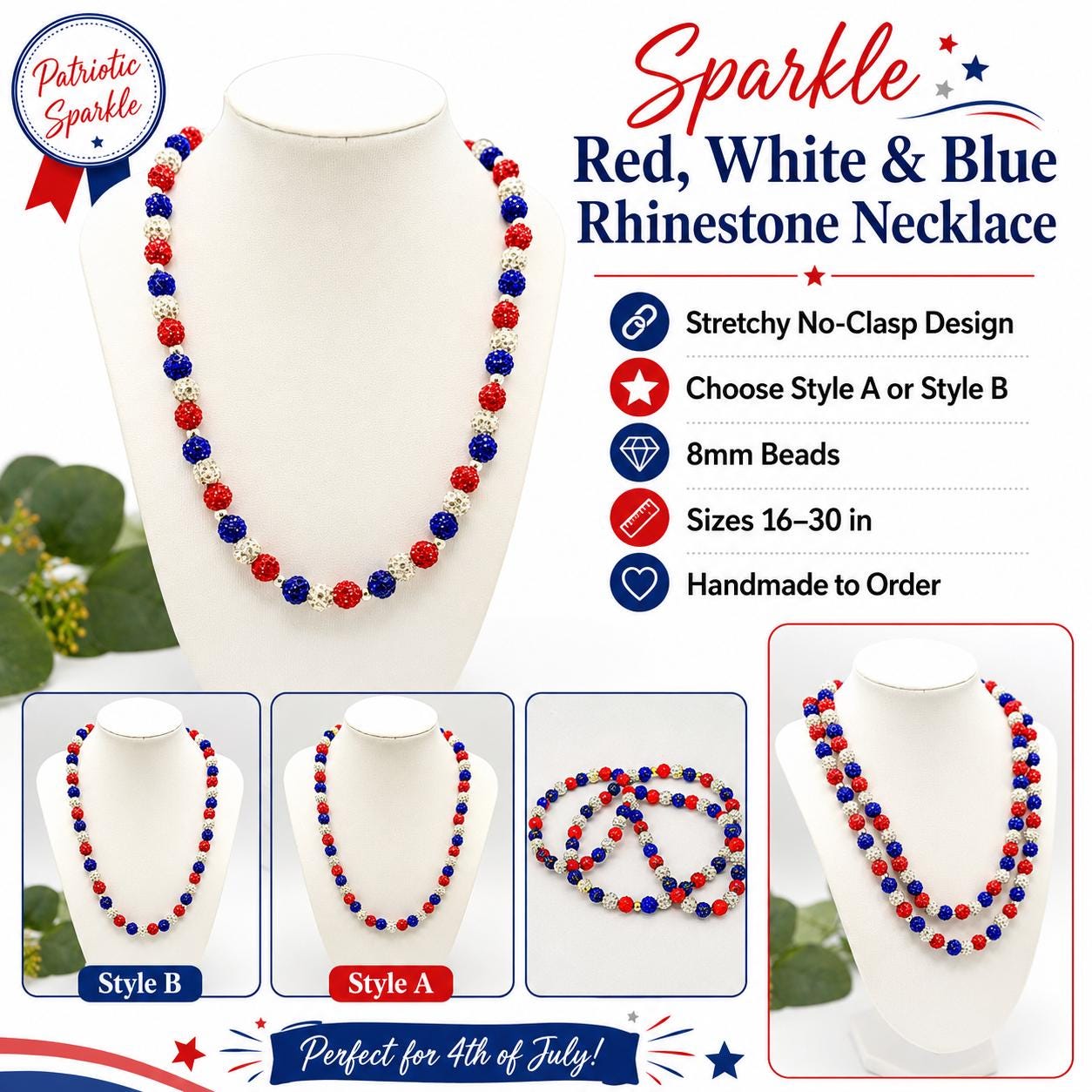 Red White Blue Rhinestone Necklace