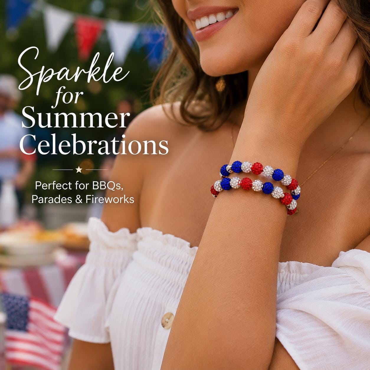 Red White Blue Sparkle Shamballa Bracelet, Patriotic 4th of July Bling Jewelry, USA Pride Crystal Bead Stack, Summer Holiday Party Fashion