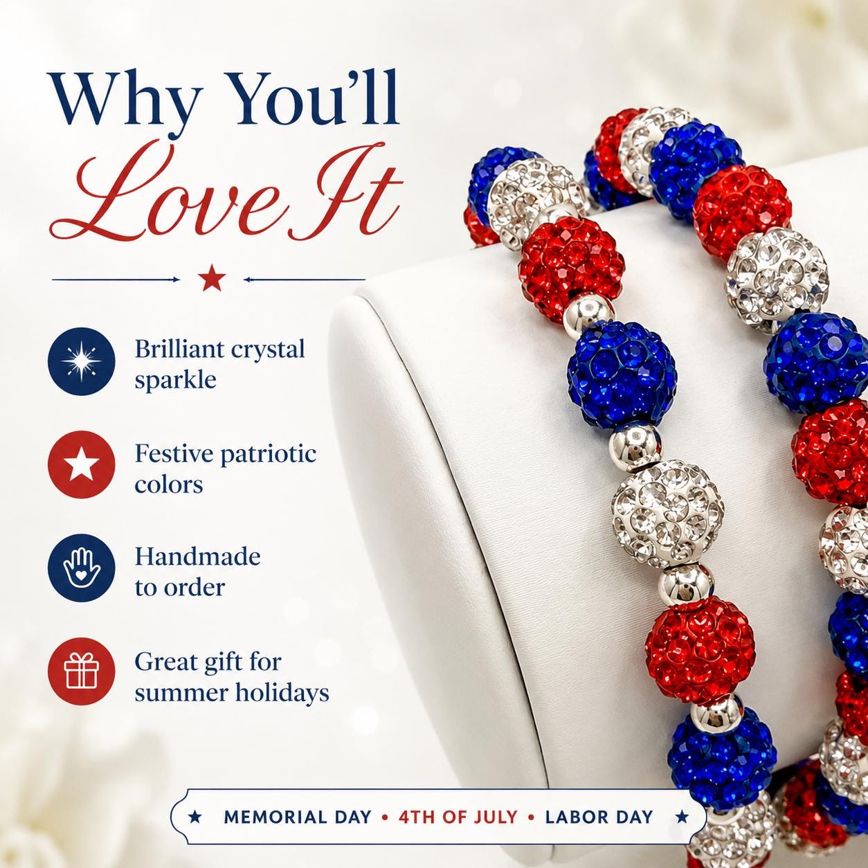 Red White Blue Sparkle Shamballa Bracelet, Patriotic 4th of July Bling Jewelry, USA Pride Crystal Bead Stack, Summer Holiday Party Fashion