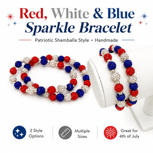 Red White Blue Sparkle Shamballa Bracelet, Patriotic 4th of July Bling Jewelry, USA Pride Crystal Bead Stack, Summer Holiday Party Fashion