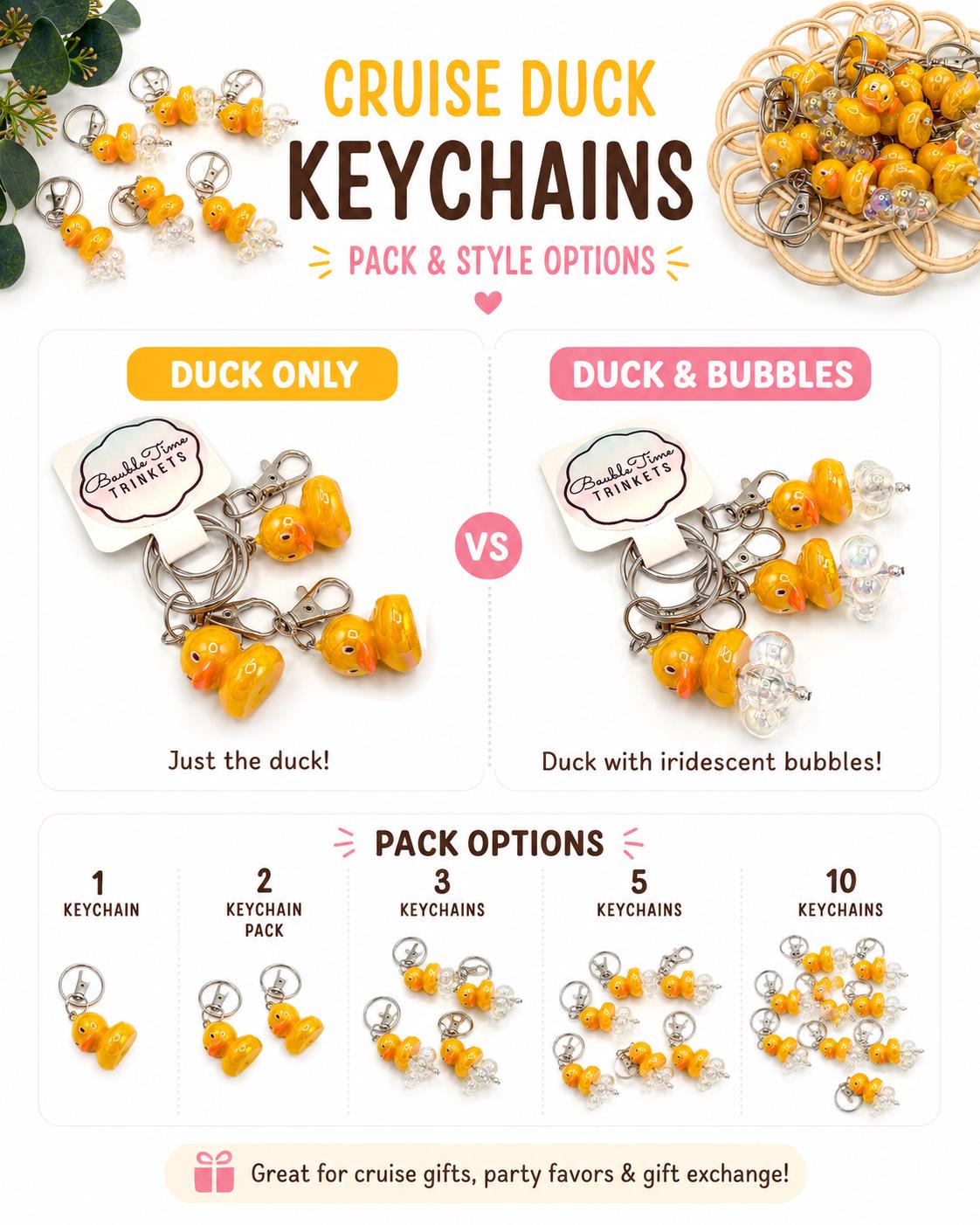 Cruising Duck Keychains Bulk Pack, Cruise Ship Hiding Ducks, Fish Extender Gifts, Duck Duck Jeep Charm, Vacation Scavenger Hunt Favors