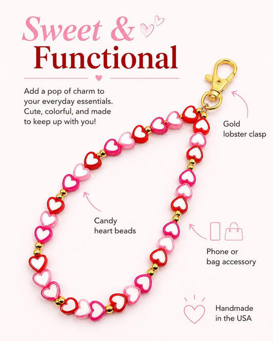 Candy Heart Phone Strap, Sweetheart Conversation Hearts Wristlet, Pastel Beaded Phone Charm, Y2K Coquette Tech Accessory, Cute Gift for Her