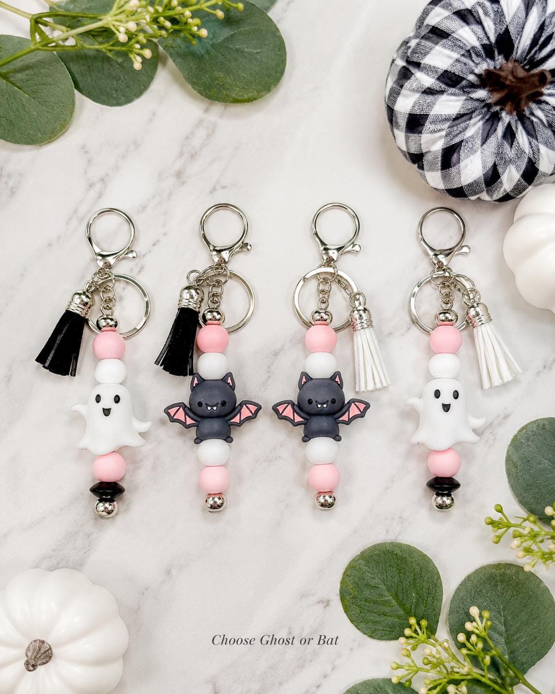 Halloween Ghost and Bat Beaded Keychains