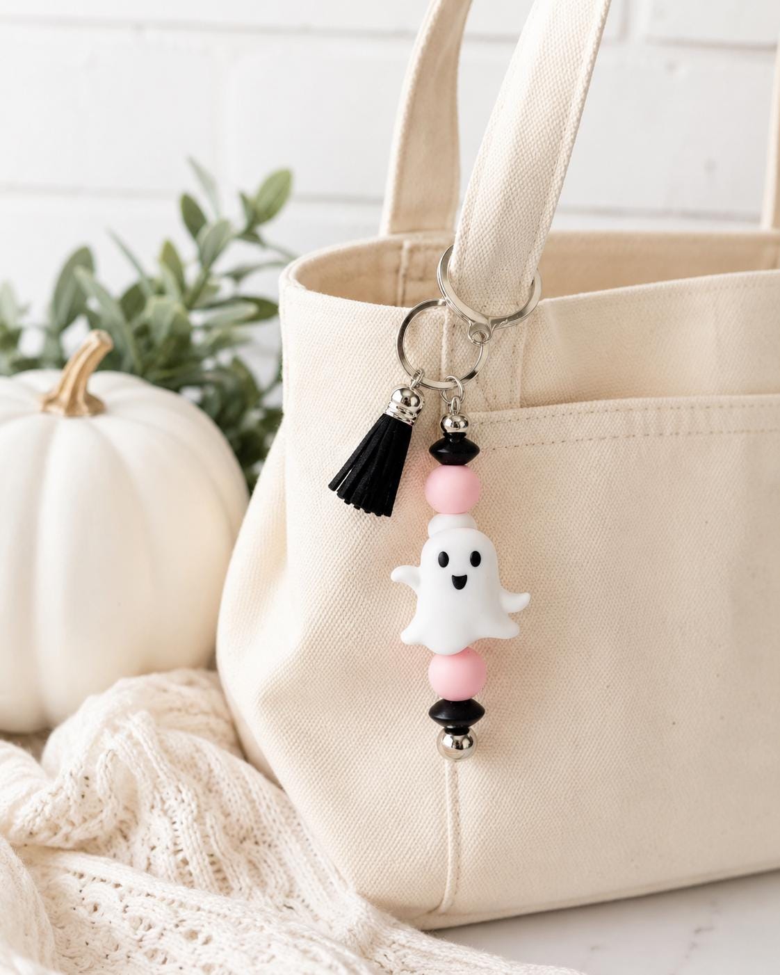 Halloween Ghost and Bat Beaded Keychains