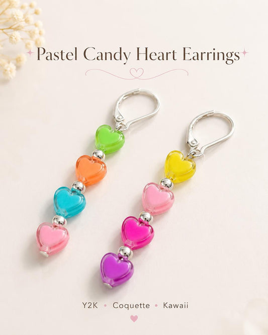Pastel Candy Heart Earrings, Y2K Coquette Jewelry, Hypoallergenic Silver Leverback Dangle, Sweet Conversation Heart Gift, Kawaii Drop