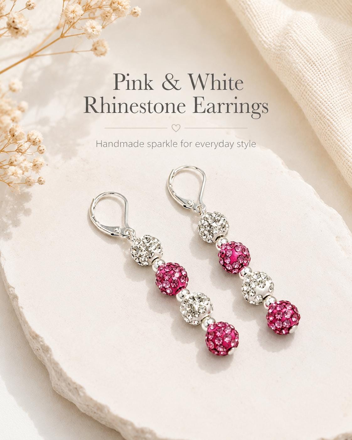 Pink and White Rhinestone Earrings, Sparkly Beaded Dangle Drop, Hypoallergenic Silver Leverback, Coquette Aesthetic Jewelry, Gift for Her