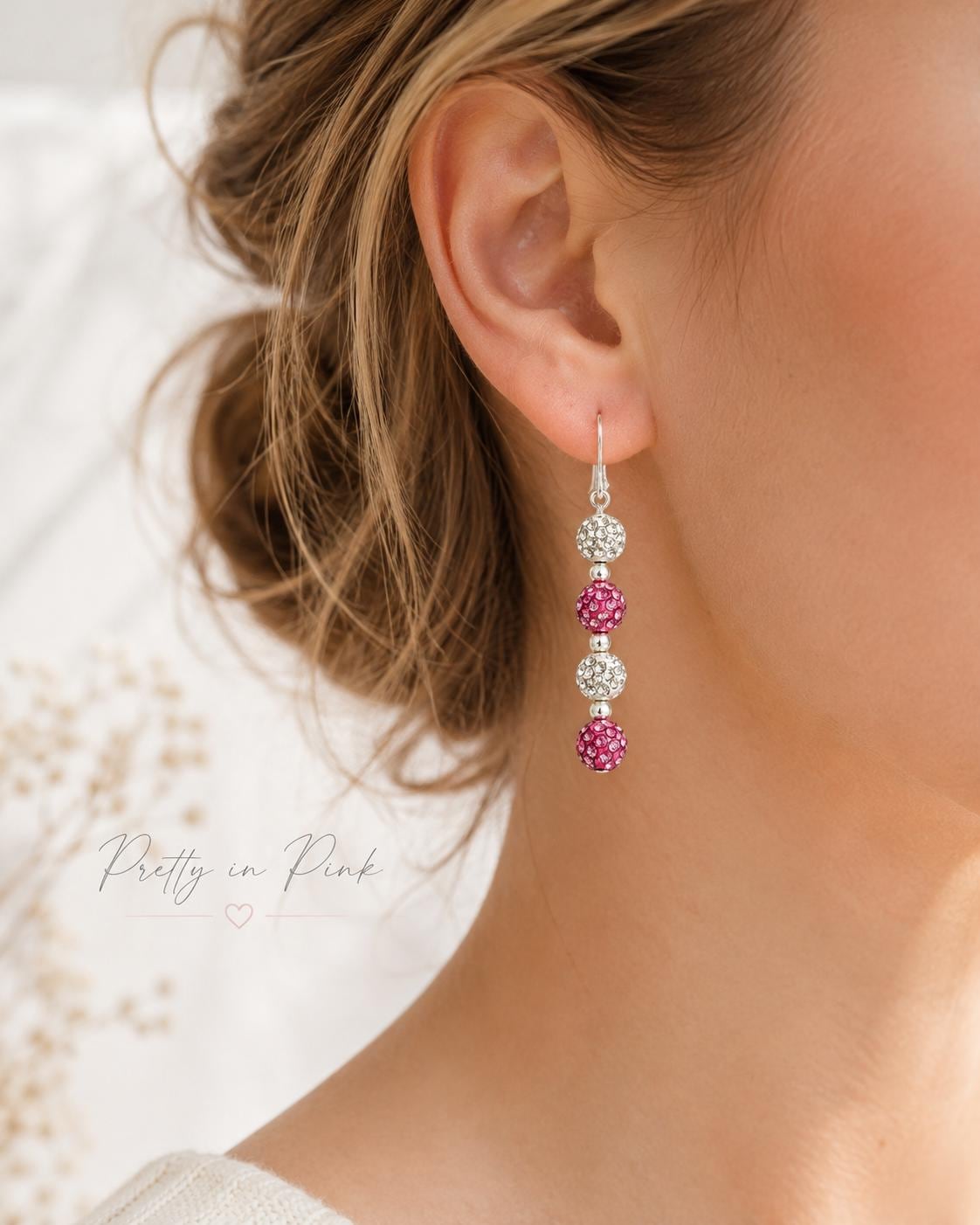 Pink and White Rhinestone Earrings, Sparkly Beaded Dangle Drop, Hypoallergenic Silver Leverback, Coquette Aesthetic Jewelry, Gift for Her