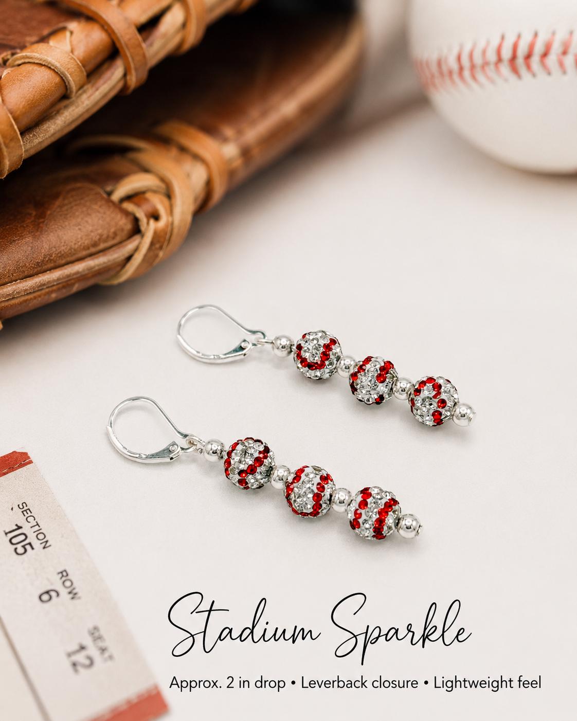 Rhinestone Baseball Earrings, Sparkle Game Day Jewelry, Hypoallergenic Silver Leverback Dangle, Baseball Mom Bling, Sports Fan Gift