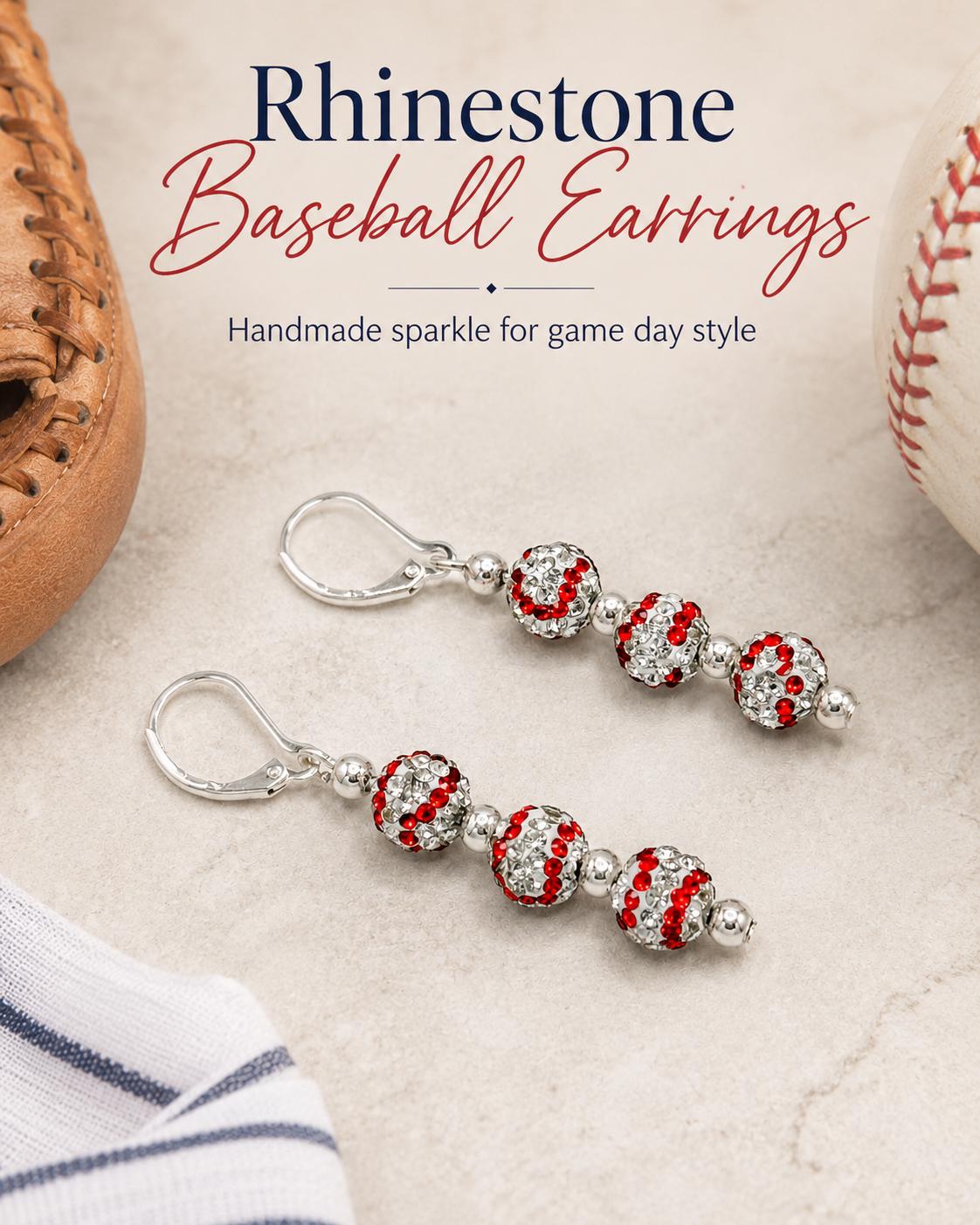 Rhinestone Baseball Earrings, Sparkle Game Day Jewelry, Hypoallergenic Silver Leverback Dangle, Baseball Mom Bling, Sports Fan Gift