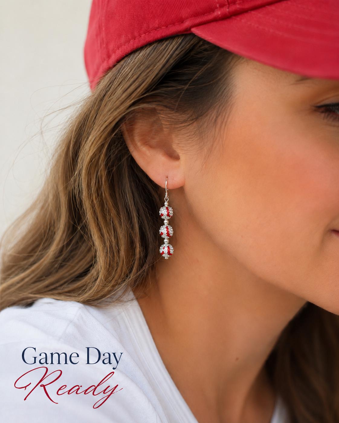 Rhinestone Baseball Earrings, Sparkle Game Day Jewelry, Hypoallergenic Silver Leverback Dangle, Baseball Mom Bling, Sports Fan Gift