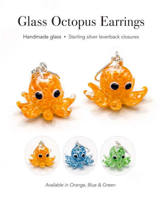 Glass Octopus Earrings, Cute Nautical Ocean Jewelry, Hypoallergenic Silver Leverback Dangle, Speckled Sea Life, Beach Vacation Gift for Her