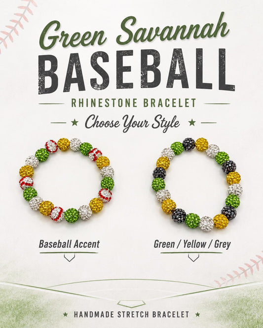 Green Savannah Baseball Rhinestone Bracelet, Party Animal Team Colors Jewelry, Banana Game Day Bling Stack, Stretchy Sports Mom Gift