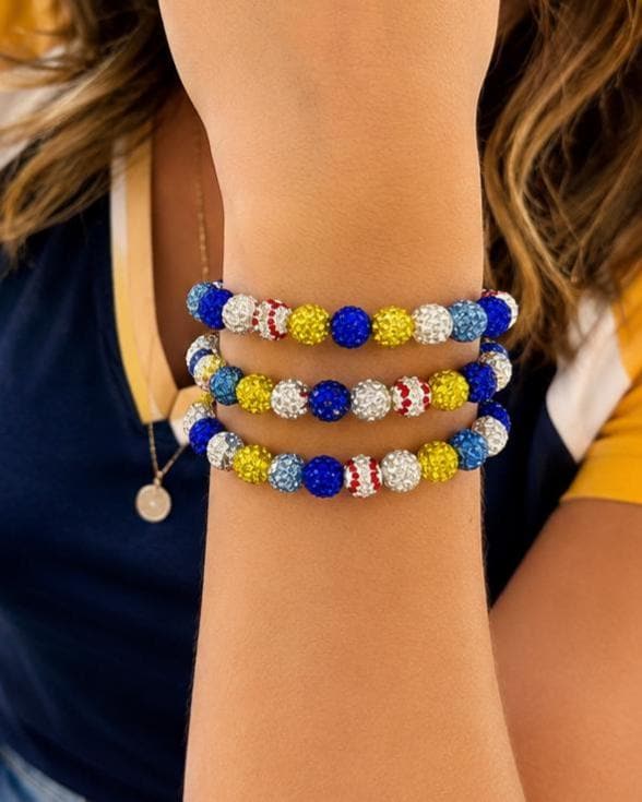 Savannah Baseball Rhinestone Bracelet, Yellow and Blue Team Colors Jewelry, Banana Game Day Bling Stack, Stretchy Sports Mom Gift