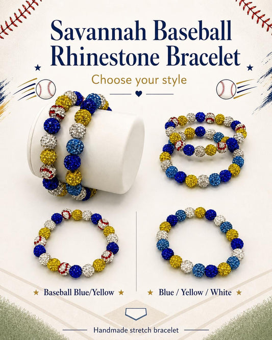 Savannah Baseball Rhinestone Bracelet, Yellow and Blue Team Colors Jewelry, Banana Game Day Bling Stack, Stretchy Sports Mom Gift