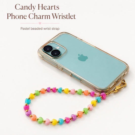 Candy Hearts Beaded Phone Charm Wristlet - Pastel Beaded Phone Strap - Y2K Cute Phone Lanyard Wrist Strap - Kawaii Coquette Gift for Her