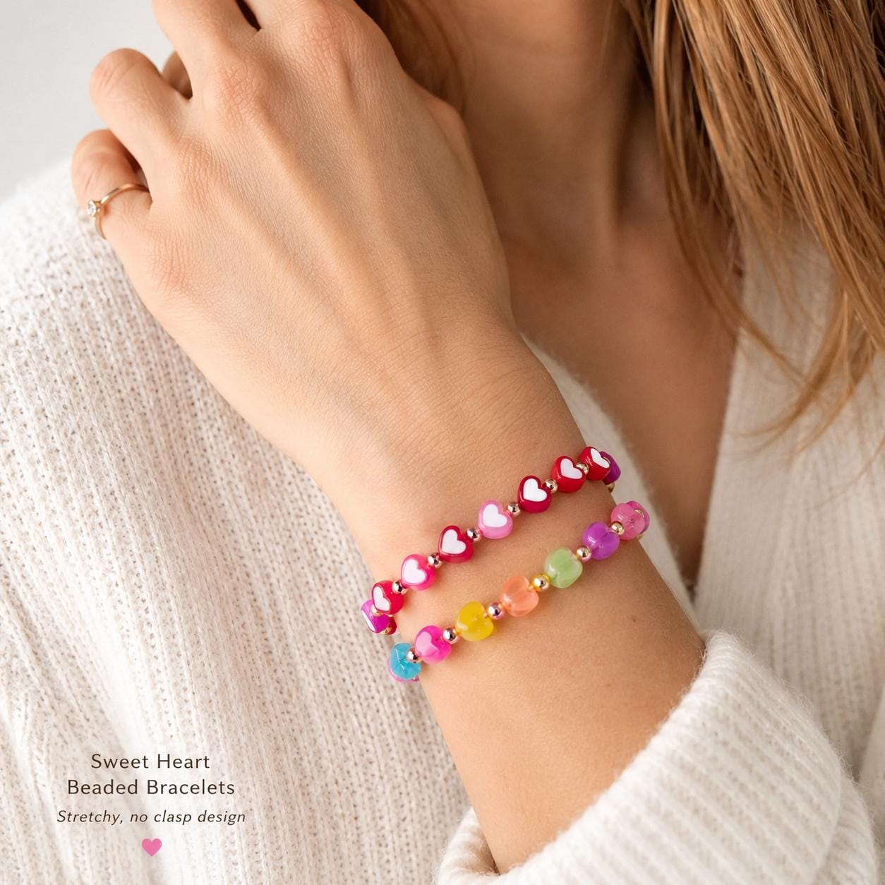 Sweet Heart Beaded Bracelets - Love in Every Style! - Stretchy, No Clasp Design