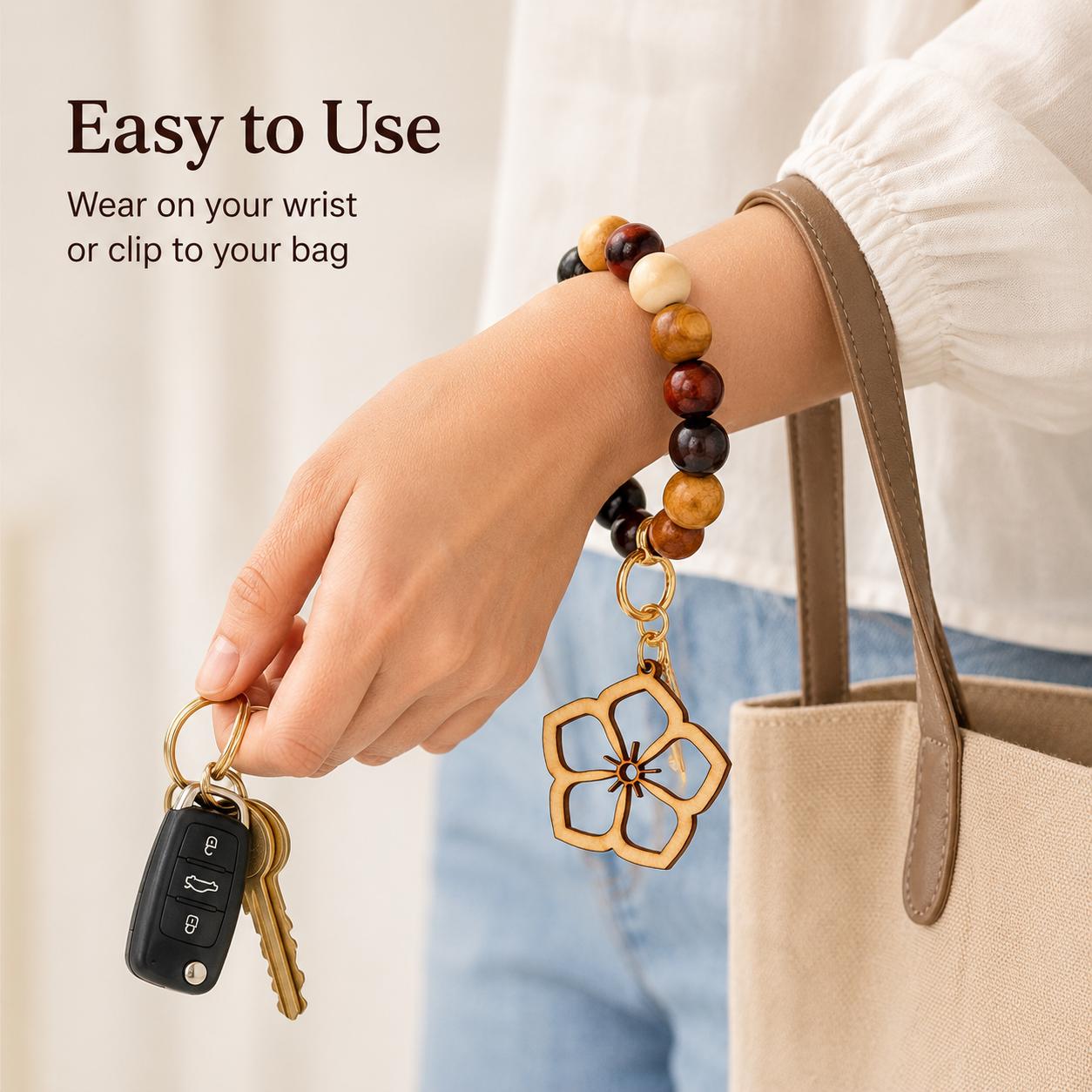 Flower Wood Bead Wristlet Keychain