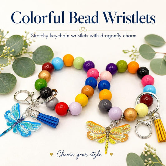 Dragonfly Stretchy Keychain Wristlets - Wooden Beads - Spring - Leather Tassel - Bag Charms - Lobster Clasp & Key Ring