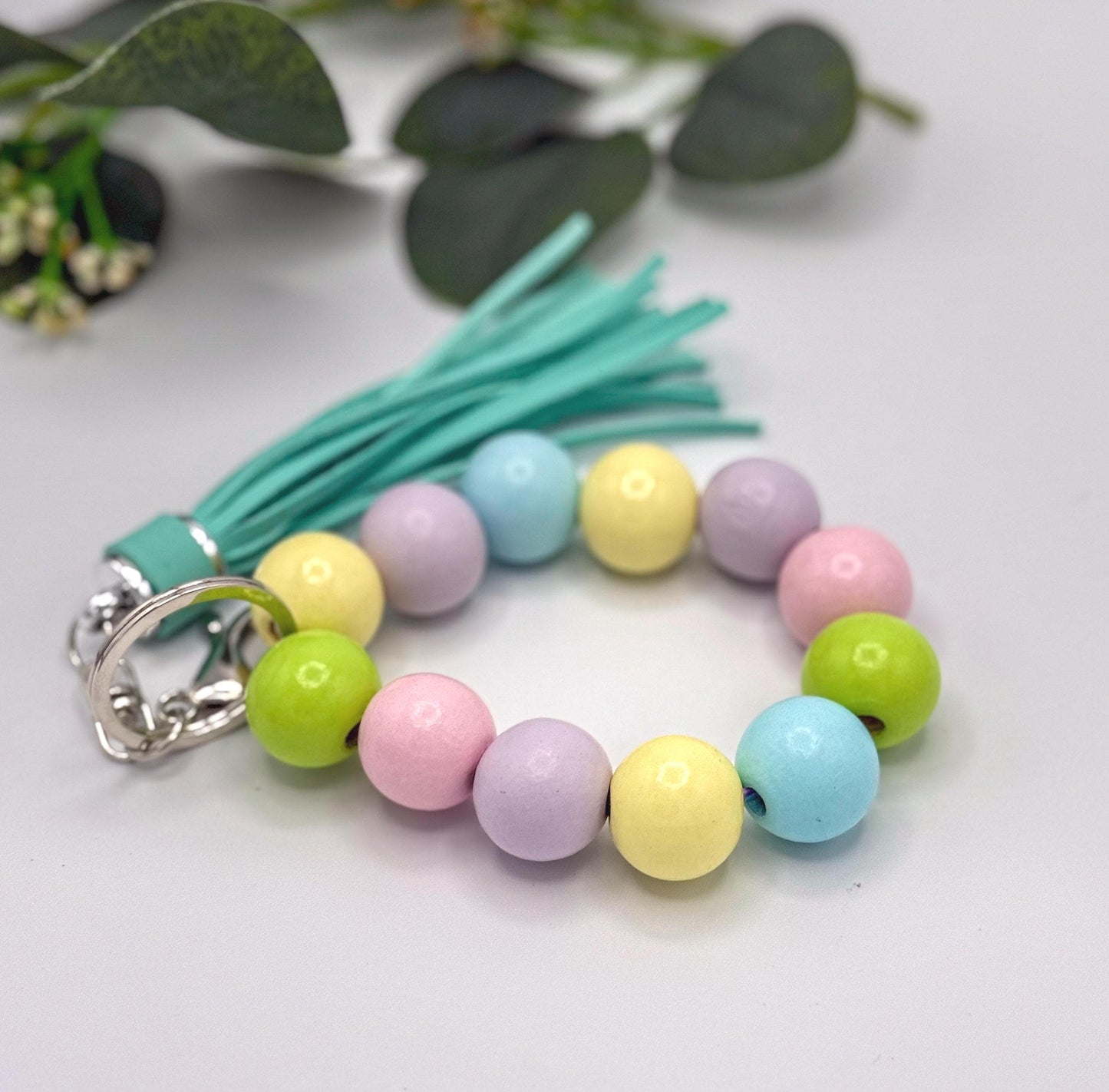 Stretchy Keychain Wristlets - Wood Beads - Spring Easter Pastel - Leather Tassel - Bag Charms - Lobster Clasp & Key Ring