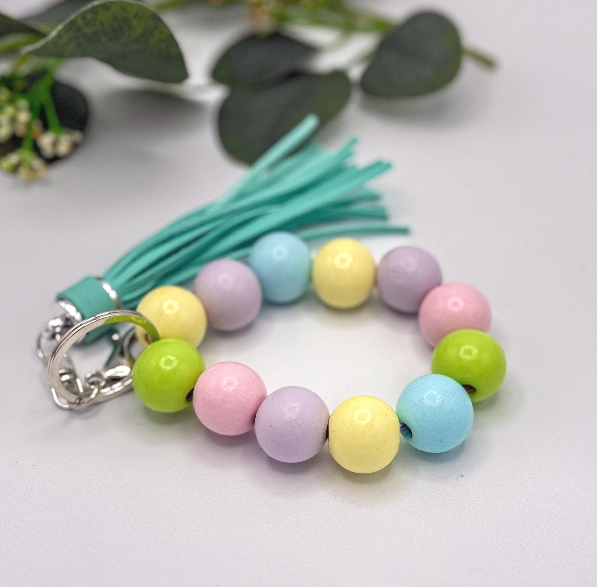 Stretchy Keychain Wristlets - Wood Beads - Spring Easter Pastel - Leather Tassel - Bag Charms - Lobster Clasp & Key Ring