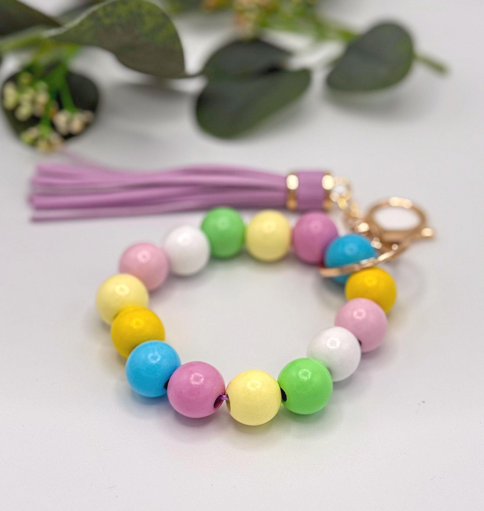 Stretchy Keychain Wristlets - Wood Beads - Spring Easter Pastel - Leather Tassel - Bag Charms - Lobster Clasp & Key Ring