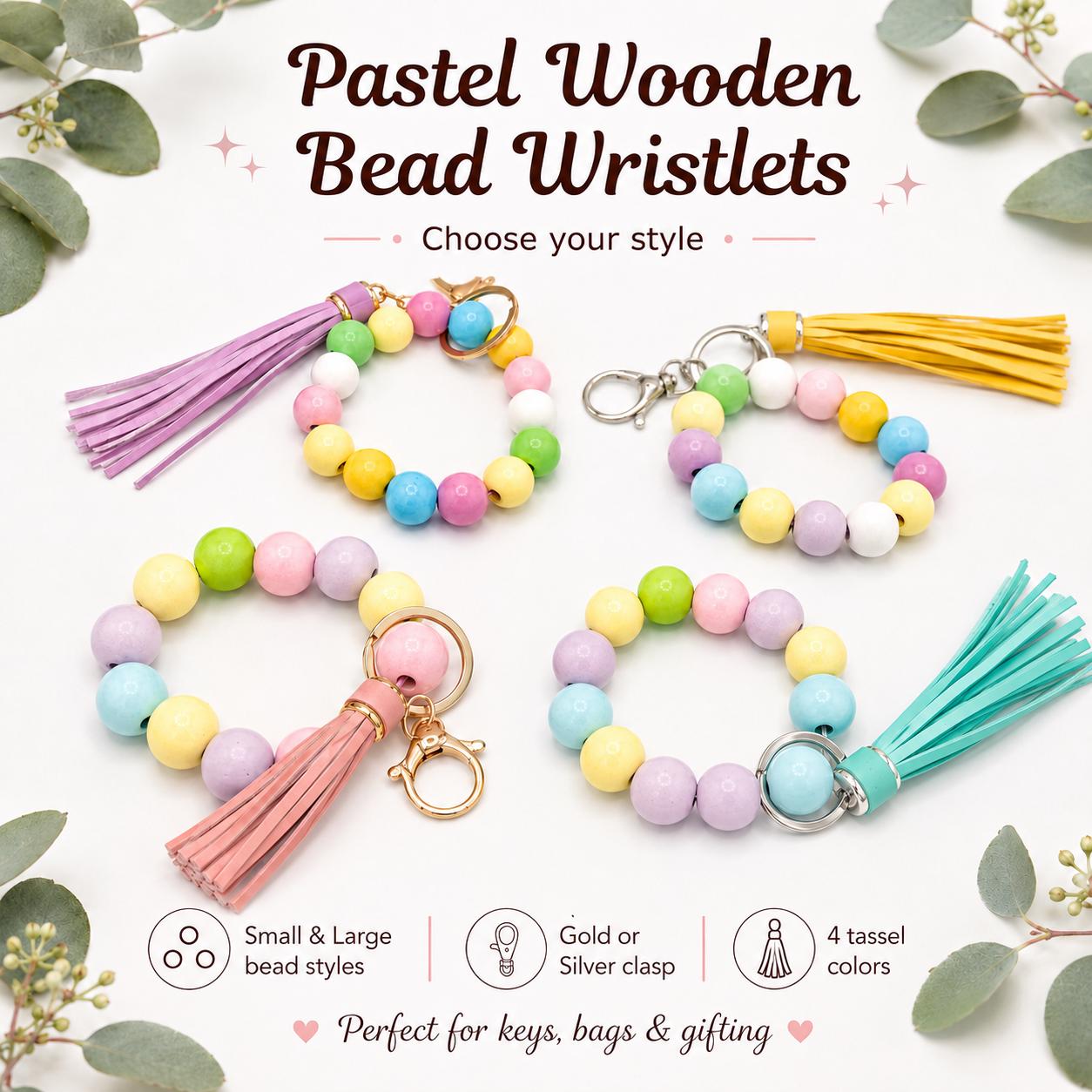 Stretchy Keychain Wristlets - Wood Beads - Spring Easter Pastel - Leather Tassel - Bag Charms - Lobster Clasp & Key Ring