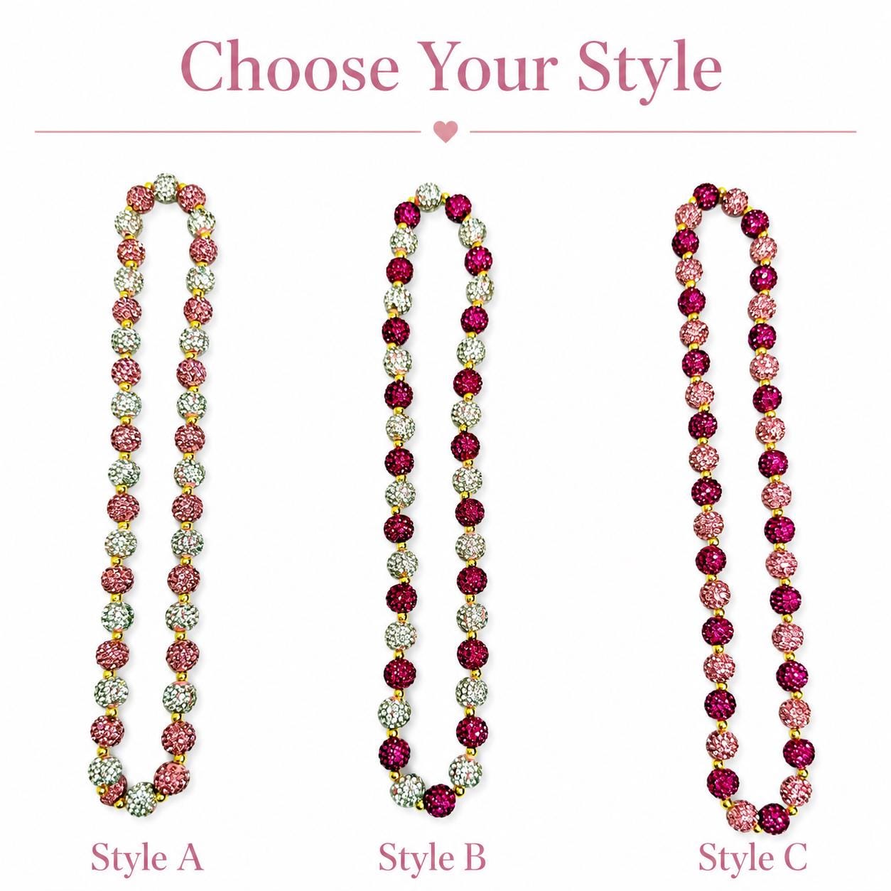 Pink Rhinestone Necklace, Heart Bead Shamballa Necklace, Stretchy No Clasp Jewelry, Sparkly Gift for Her