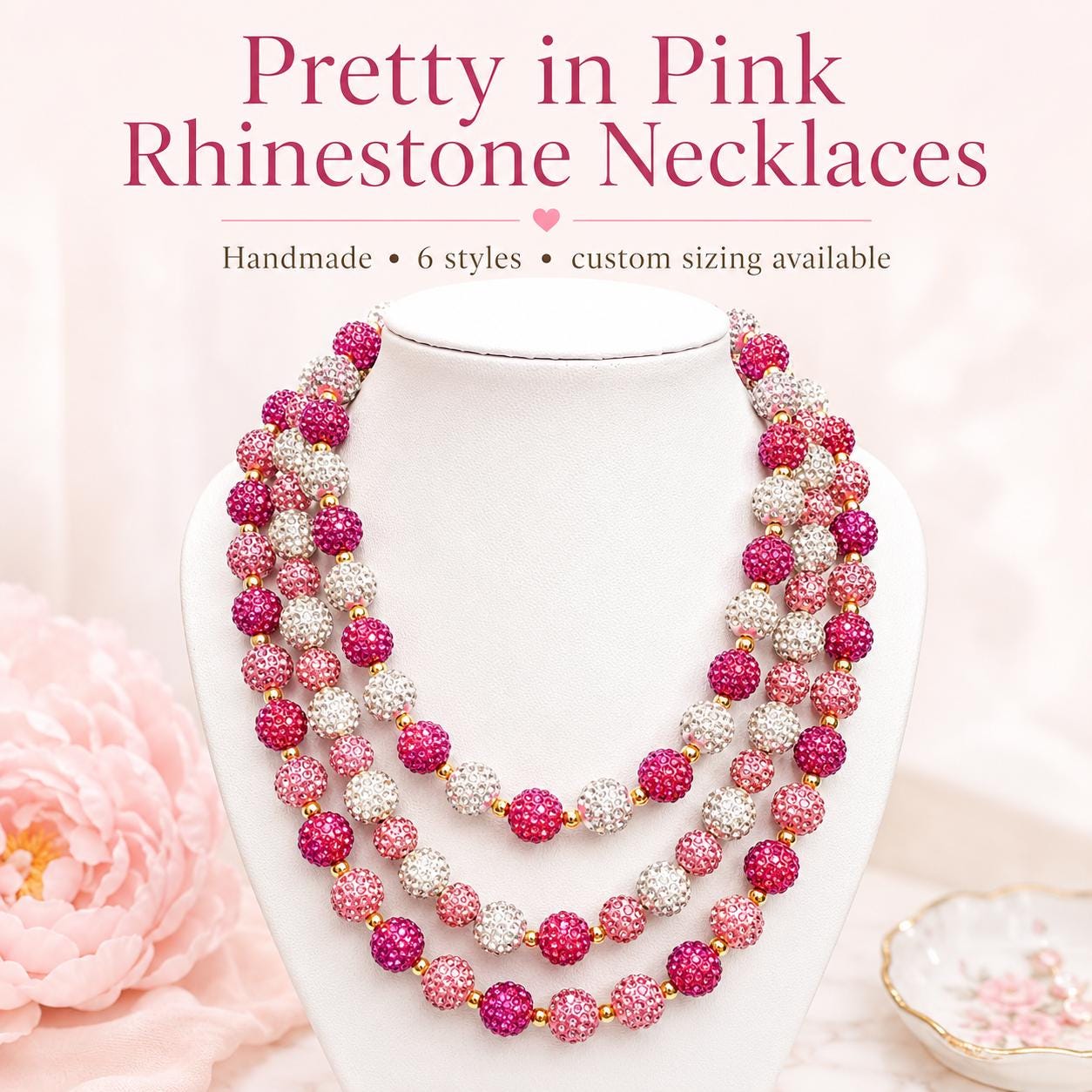 Pink Rhinestone Necklace, Heart Bead Shamballa Necklace, Stretchy No Clasp Jewelry, Sparkly Gift for Her