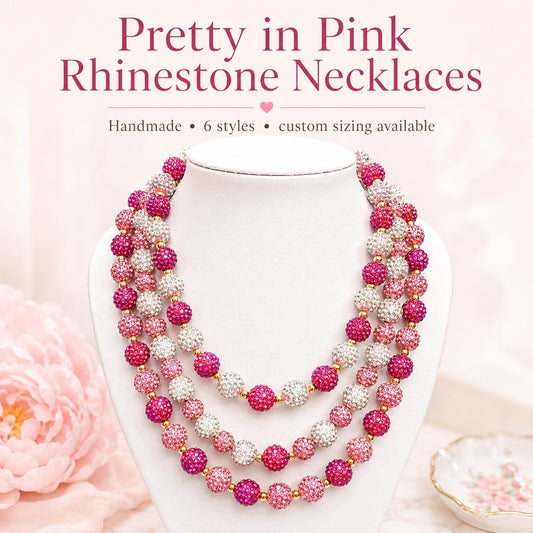 Pink Rhinestone Necklace, Heart Bead Shamballa Necklace, Stretchy No Clasp Jewelry, Sparkly Gift for Her