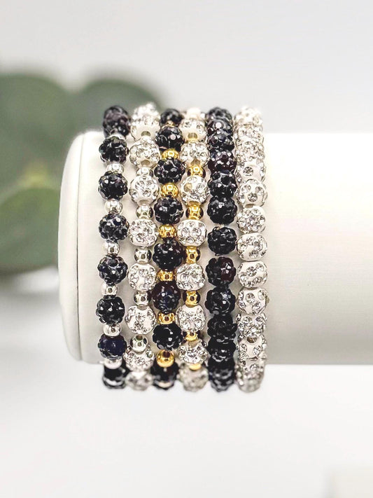 Dainty Shamballa Bead Bracelet - 6mm Bead Size - Various Designs - Gold & Silver Options - Rhinestone Beads - Stretchy, No Clasp Design